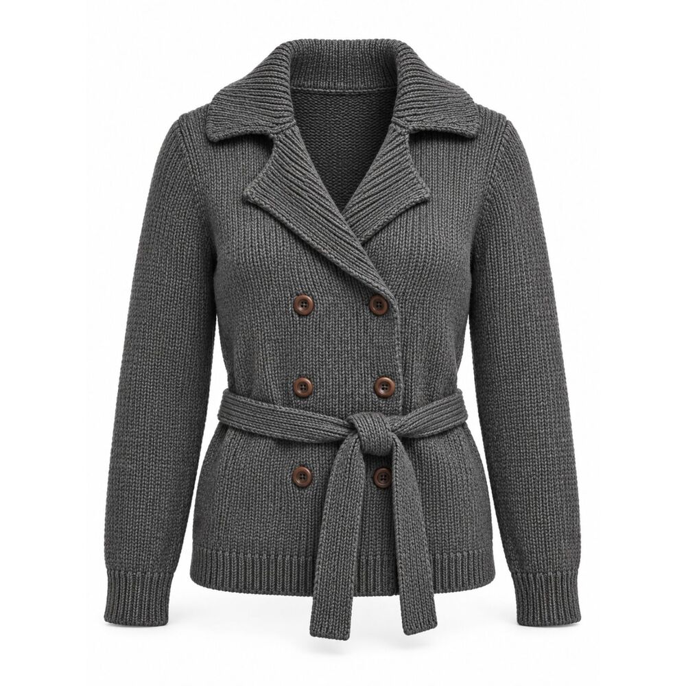 Gap Vintage Charcoal Grey Chunky Knit Belted Double Breasted Cardigan Sweater S